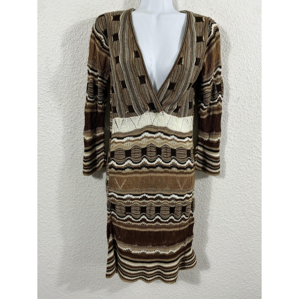 Vintage Say What Dress Womens XS Brown Knit Deep V Sweater Mini Y2K 2000s